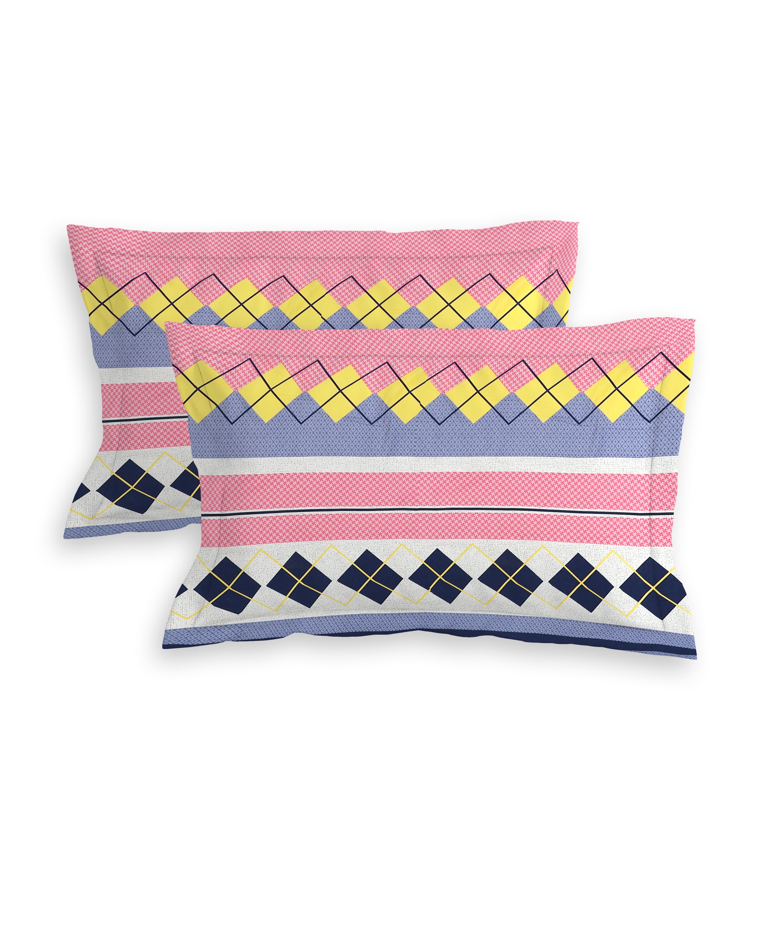 Rome Collection 220 TC Queen Bedsheet with 2 Pillow Covers | Pink Blue Diamond
