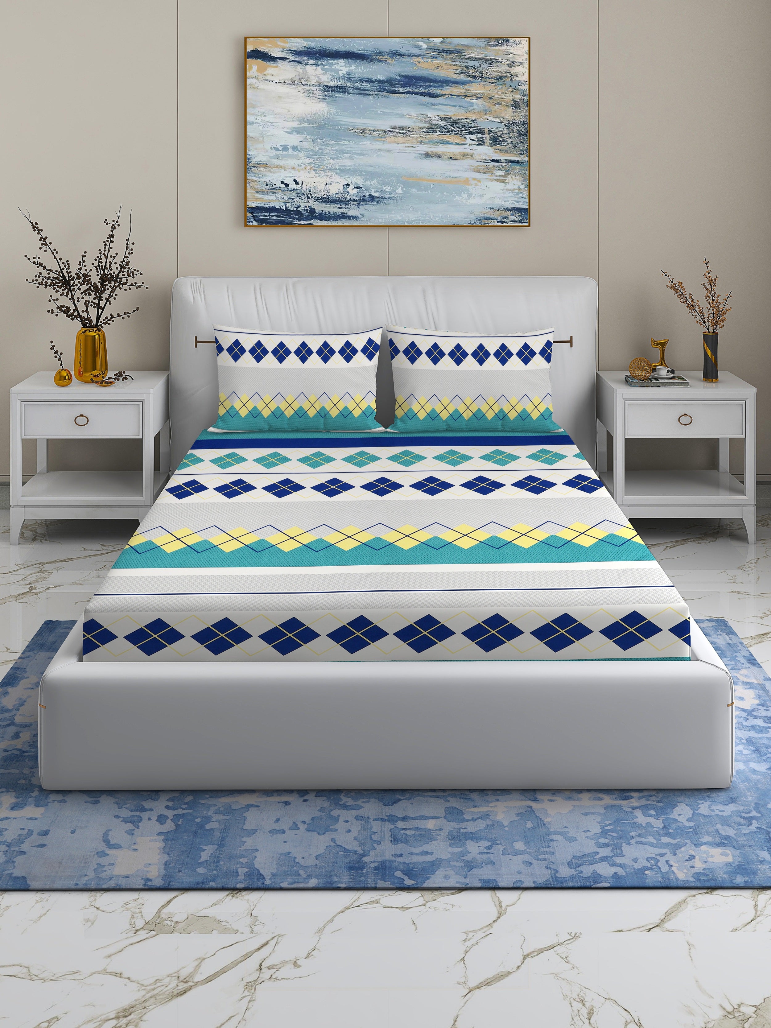 Rome Collection 220 TC Fitted Queen Bedsheet with 2 Pillow Covers | Blue Green Diamond