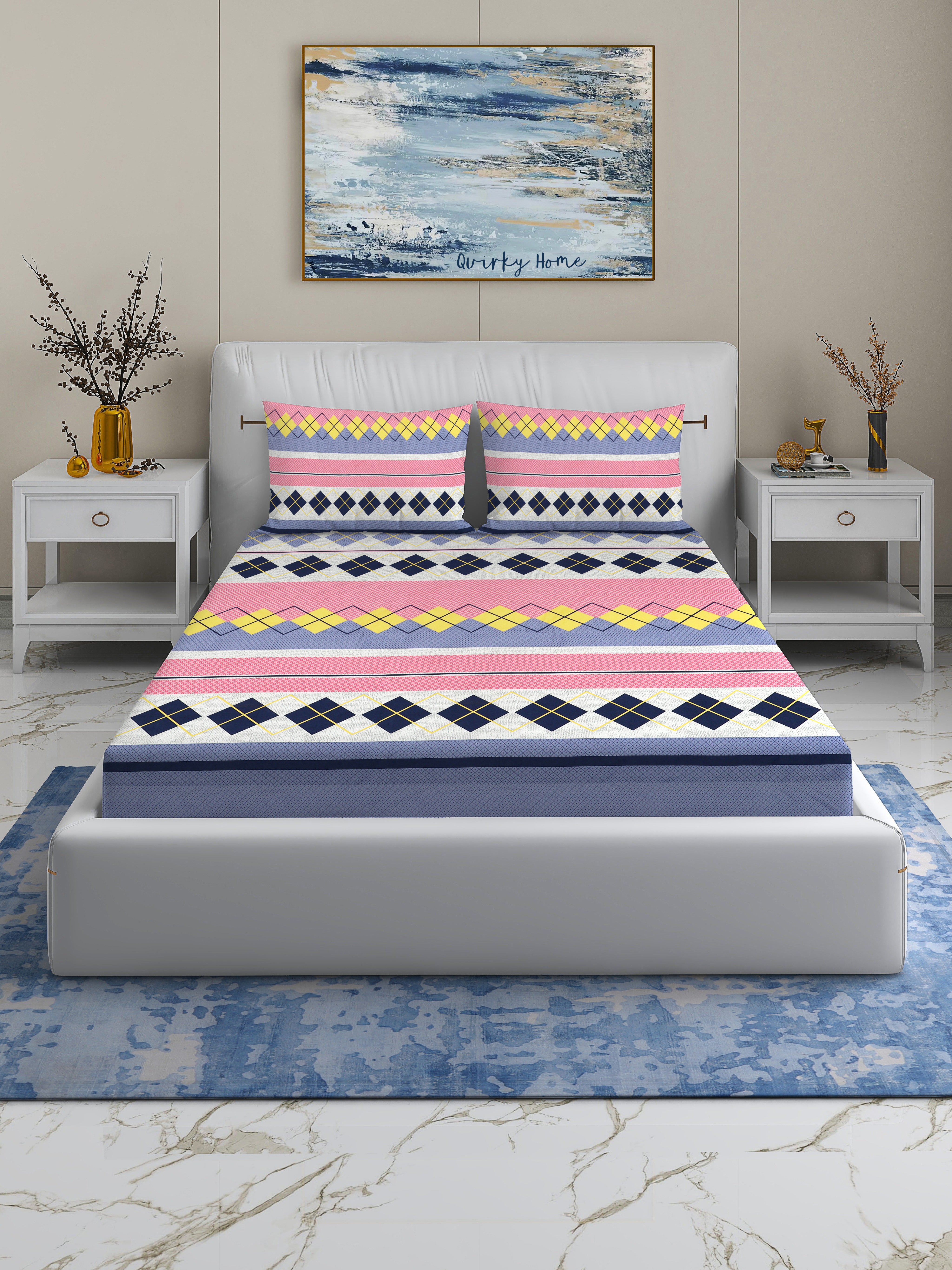 Rome Collection 220 TC Fitted Queen Bedsheet with 2 Pillow Covers | Pink Blue Diamond