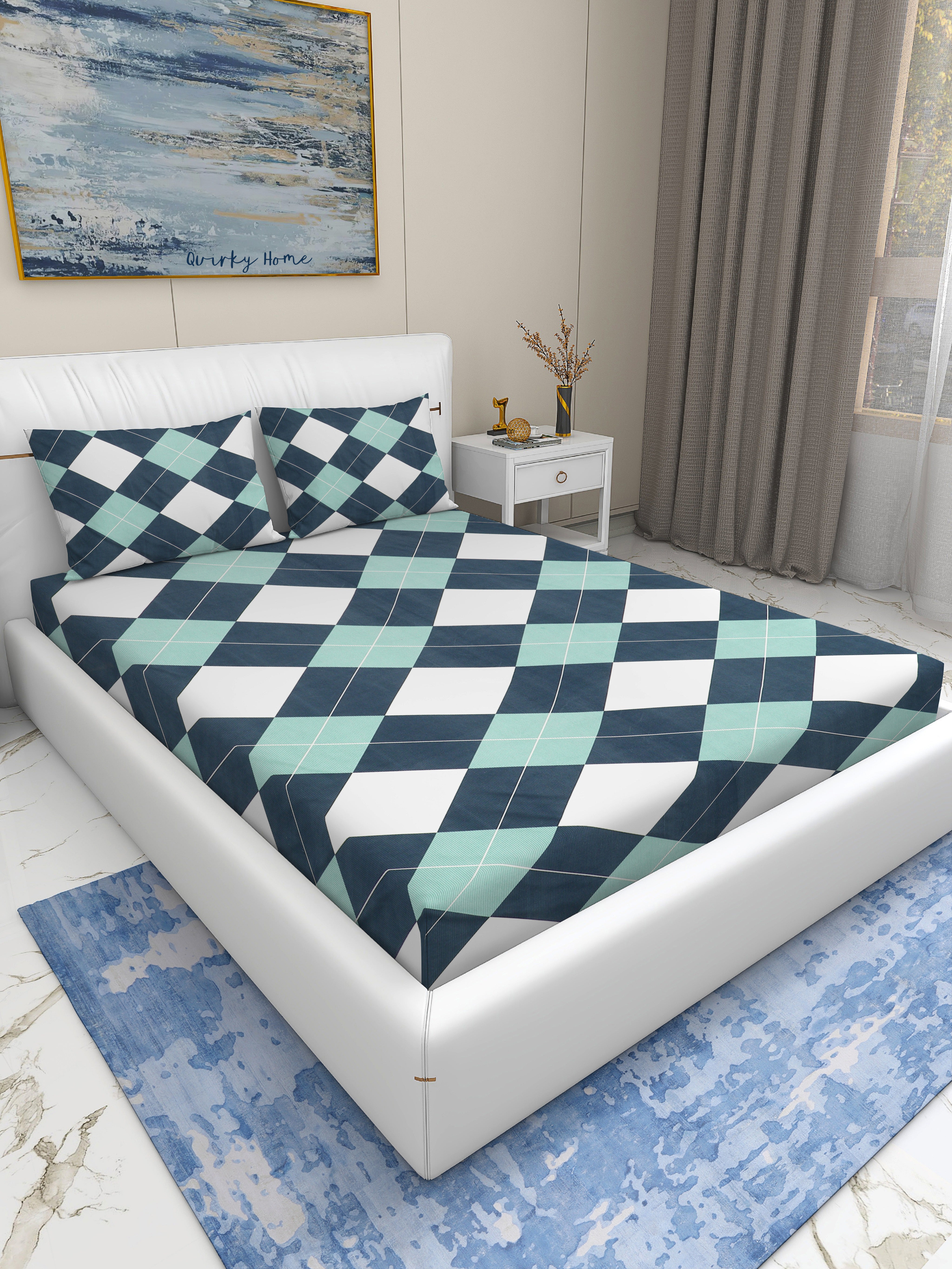 Rome Collection 220 TC Fitted Queen Bedsheet with 2 Pillow Covers | BWG Check