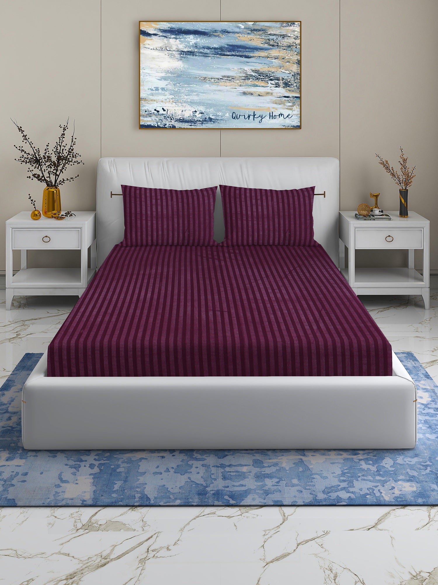 220 TC Queen Bedsheet with 2 Pillow Covers | Wine Stripes