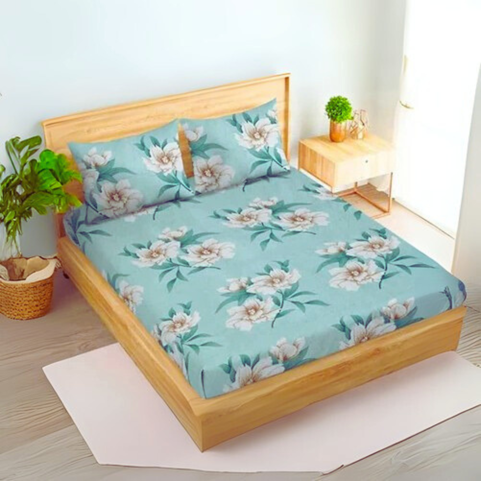 Duke Collection Cotton Blend Double Bedsheet with 2 Pillow Cover | Sea Green Flowers