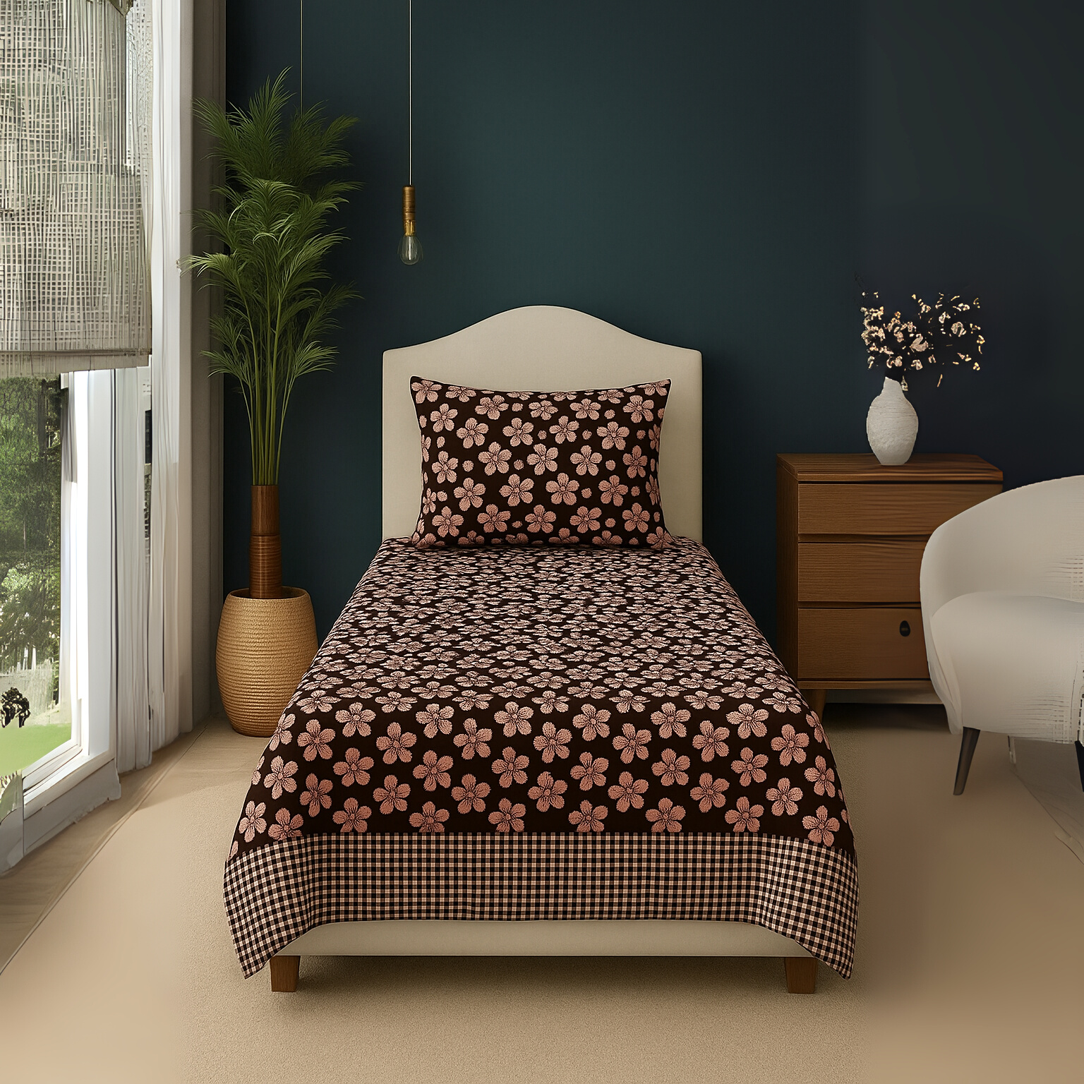 Duke Collection Cotton Blend Single Bedsheet with 1 Pillow Cover | Brown Flowers