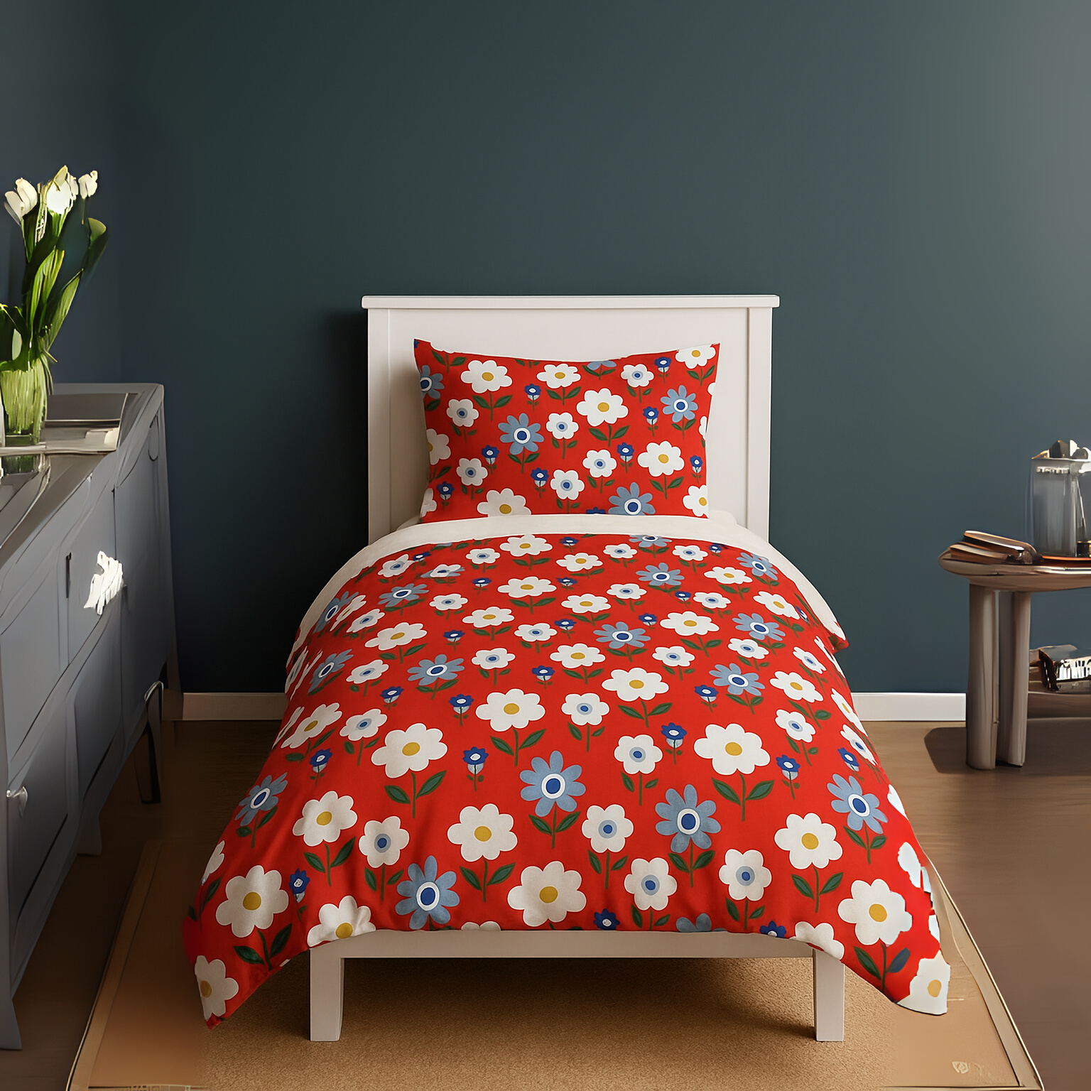 Duke Collection Cotton Blend Single Bedsheet with 1 Pillow Cover | Red Flowers