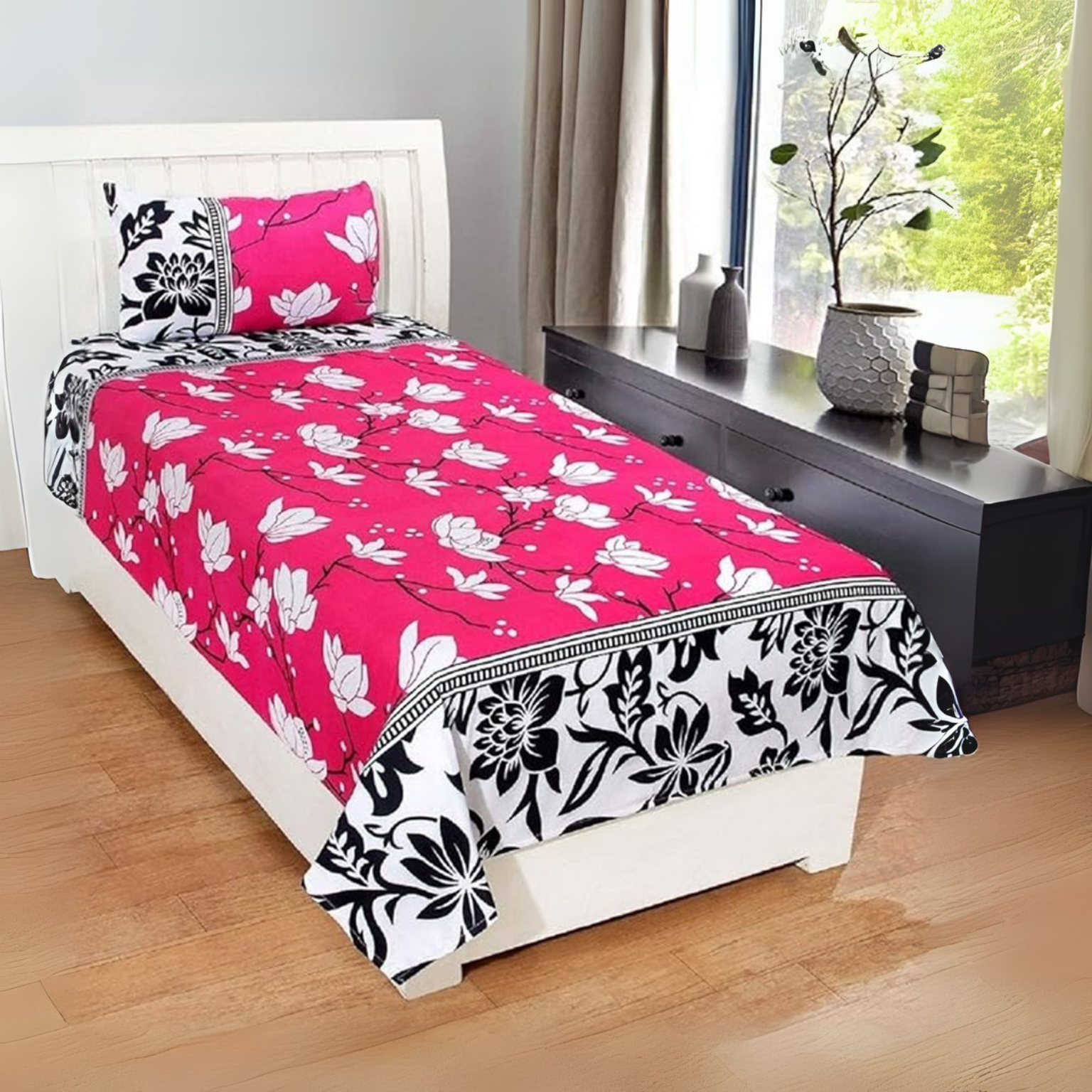 Duke Collection Cotton Blend Single Bedsheet with 1 Pillow Cover | Pink Flowers