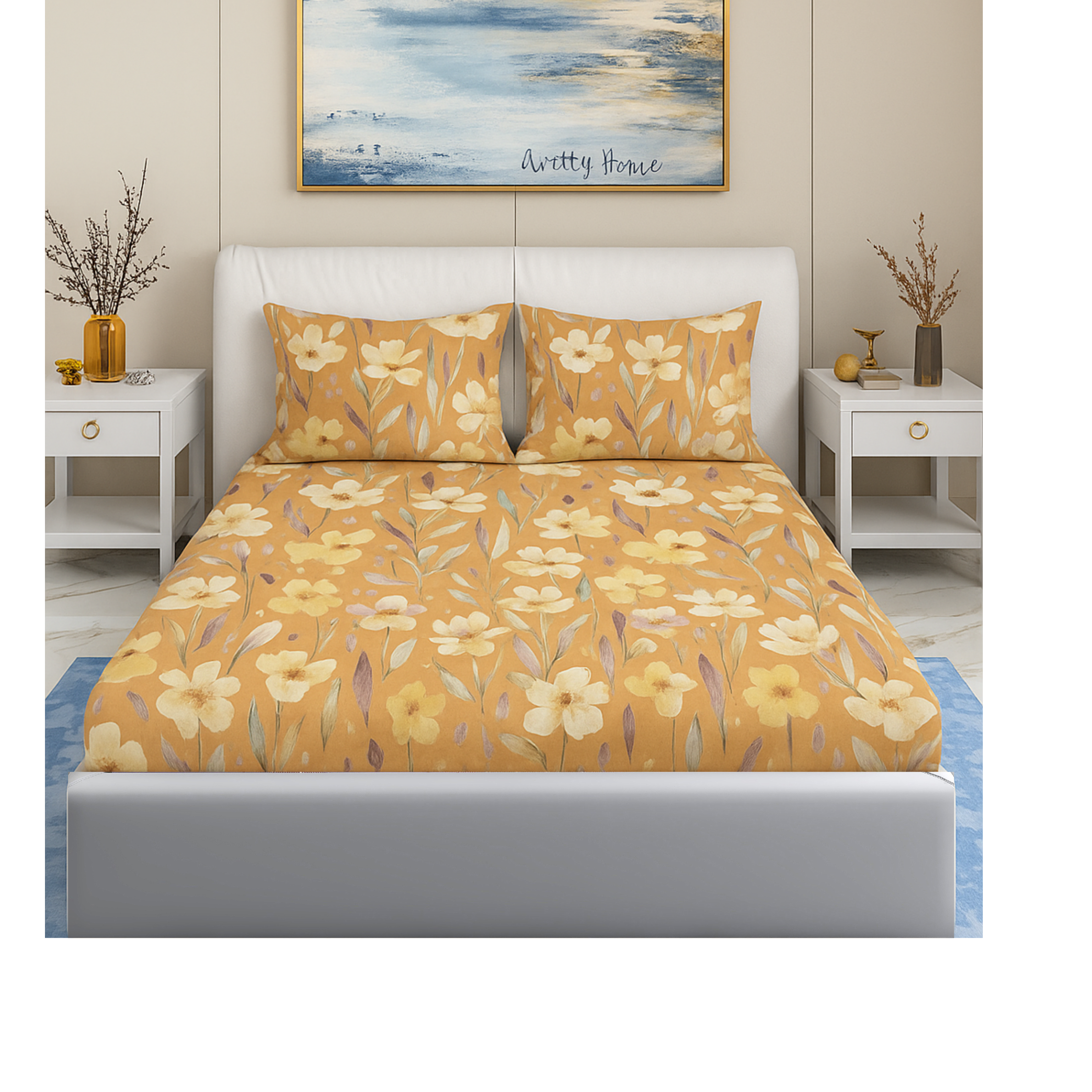 Coral Collection Double Bedsheet with 2 Pillow Covers | Mustard