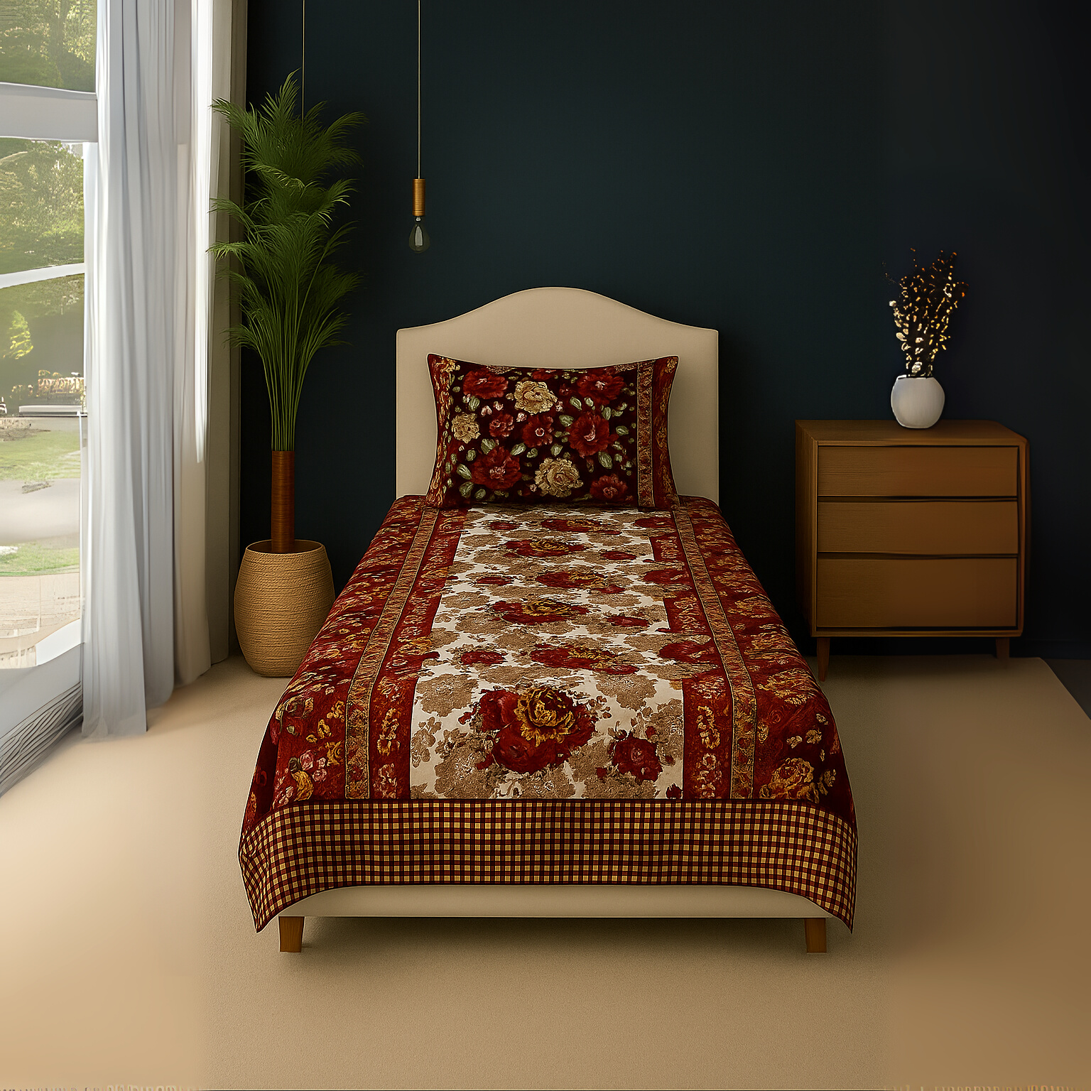 Duke Collection Cotton Blend Single Bedsheet with 1 Pillow Cover | Brown Flowers