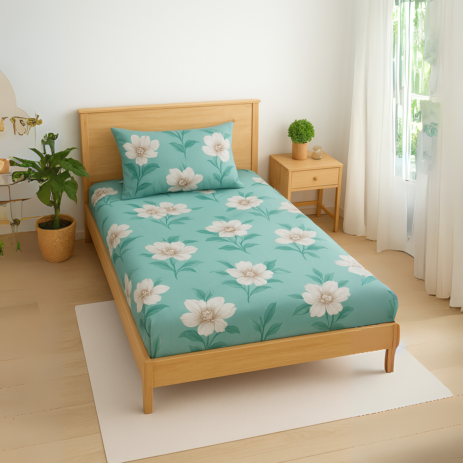 Duke Collection Cotton Blend Single Bedsheet with 1 Pillow Cover | Sea Green Floral