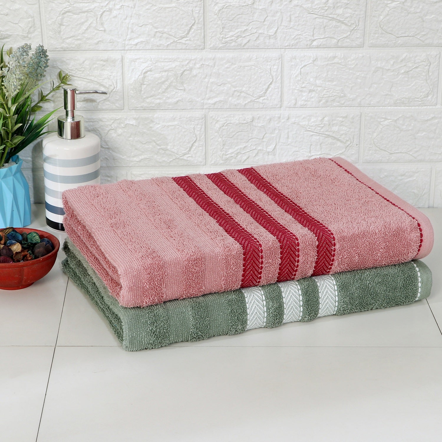 Cozy Nest 100% Cotton Towels | Large Size | Towel Set of 2 | Rose Gold - Olive Green