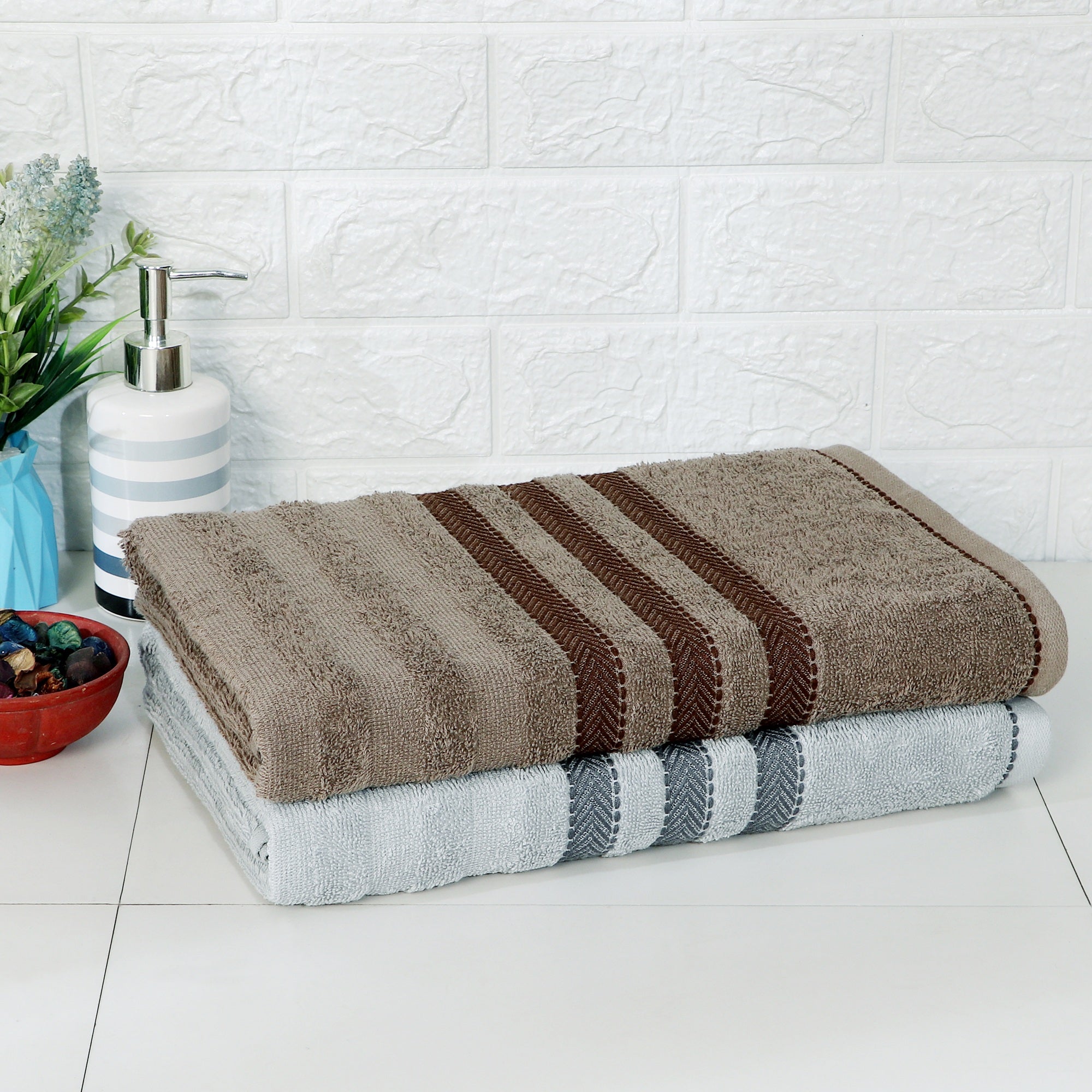 Cozy Nest 100% Cotton Towels | Large Size | Towel Set of 2 | Grey - Brown