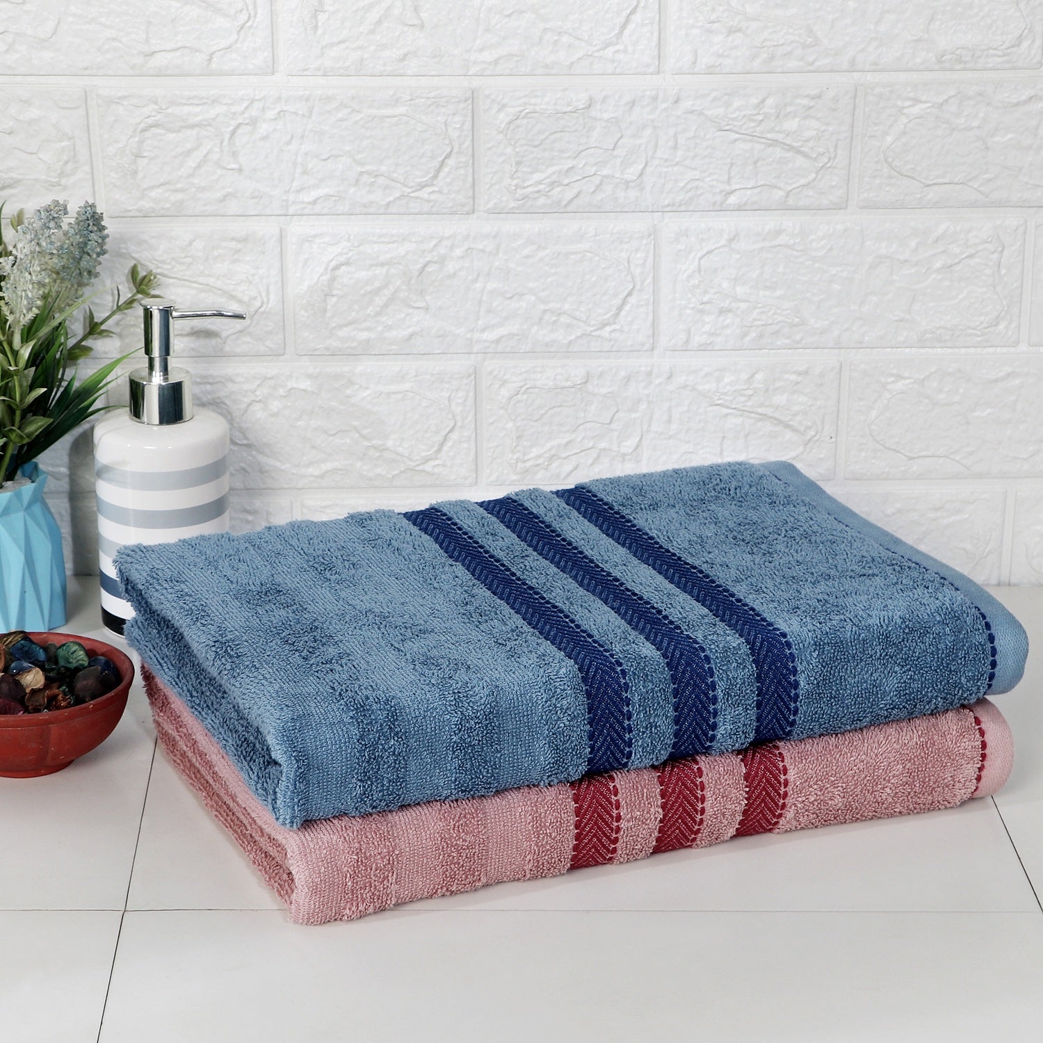 Cozy Nest 100% Cotton Towels | Large Size | Towel Set of 2 | Rose Gold - Navy Blue