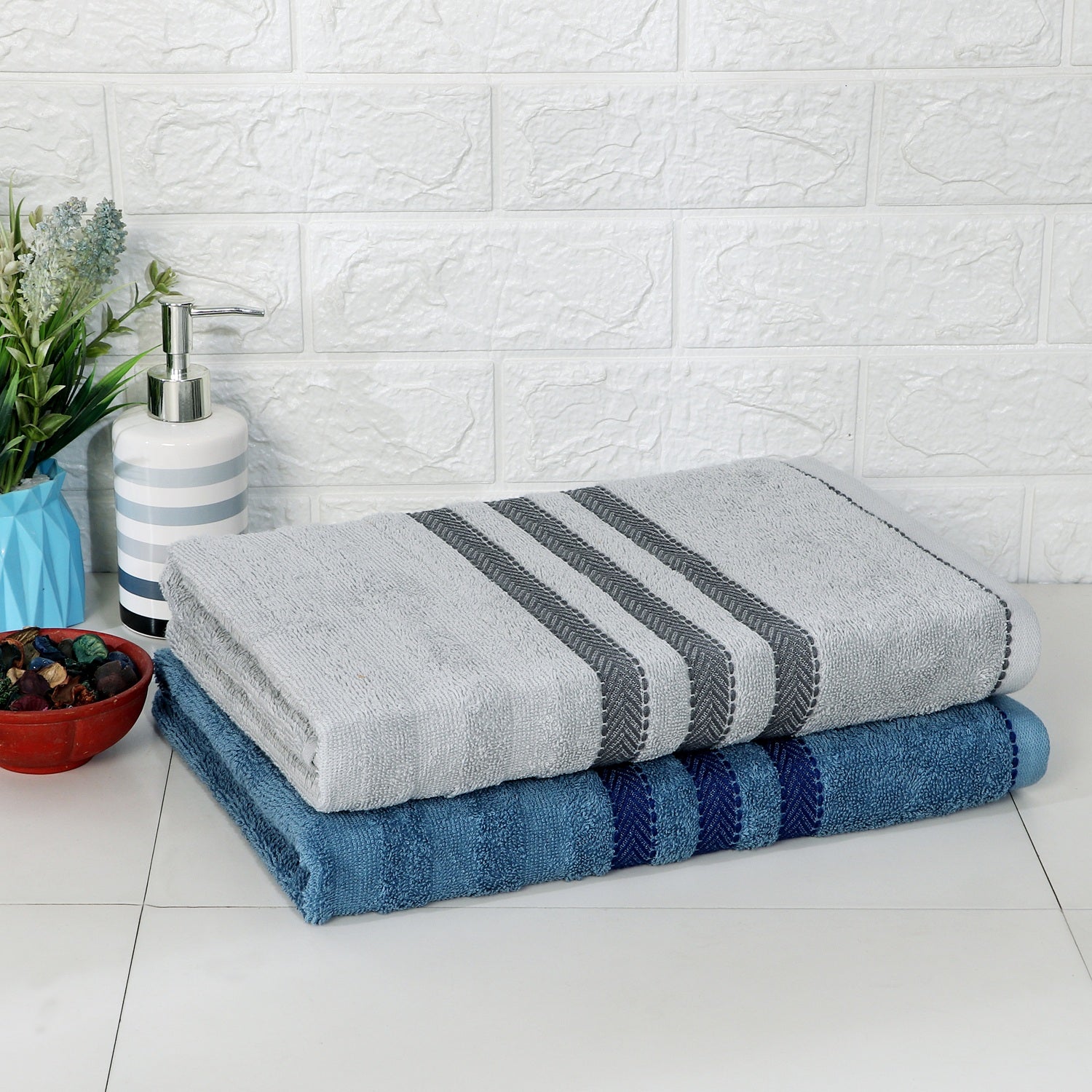 Cozy Nest 100% Cotton Towels | Large Size | Towel Set of 2 | Grey - Navy Blue