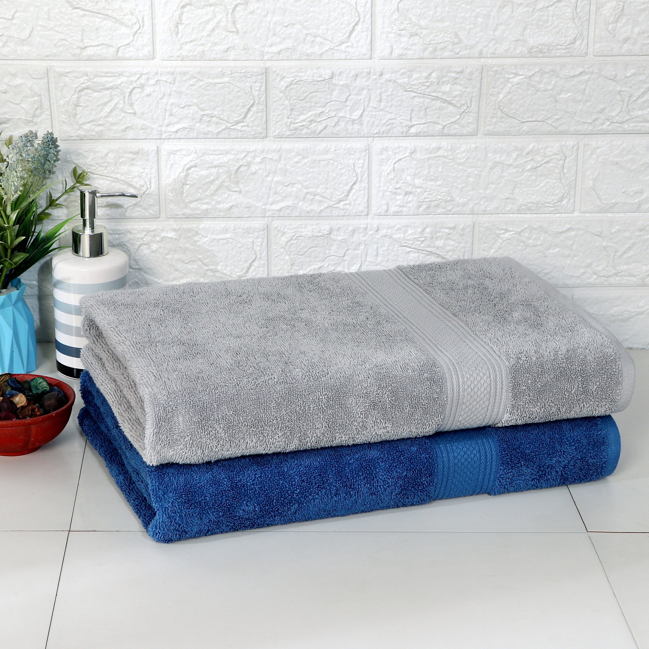 Rise N Shine 100% Cotton Towels | Large Size | Towel Set of 2 | Grey - Ink Blue