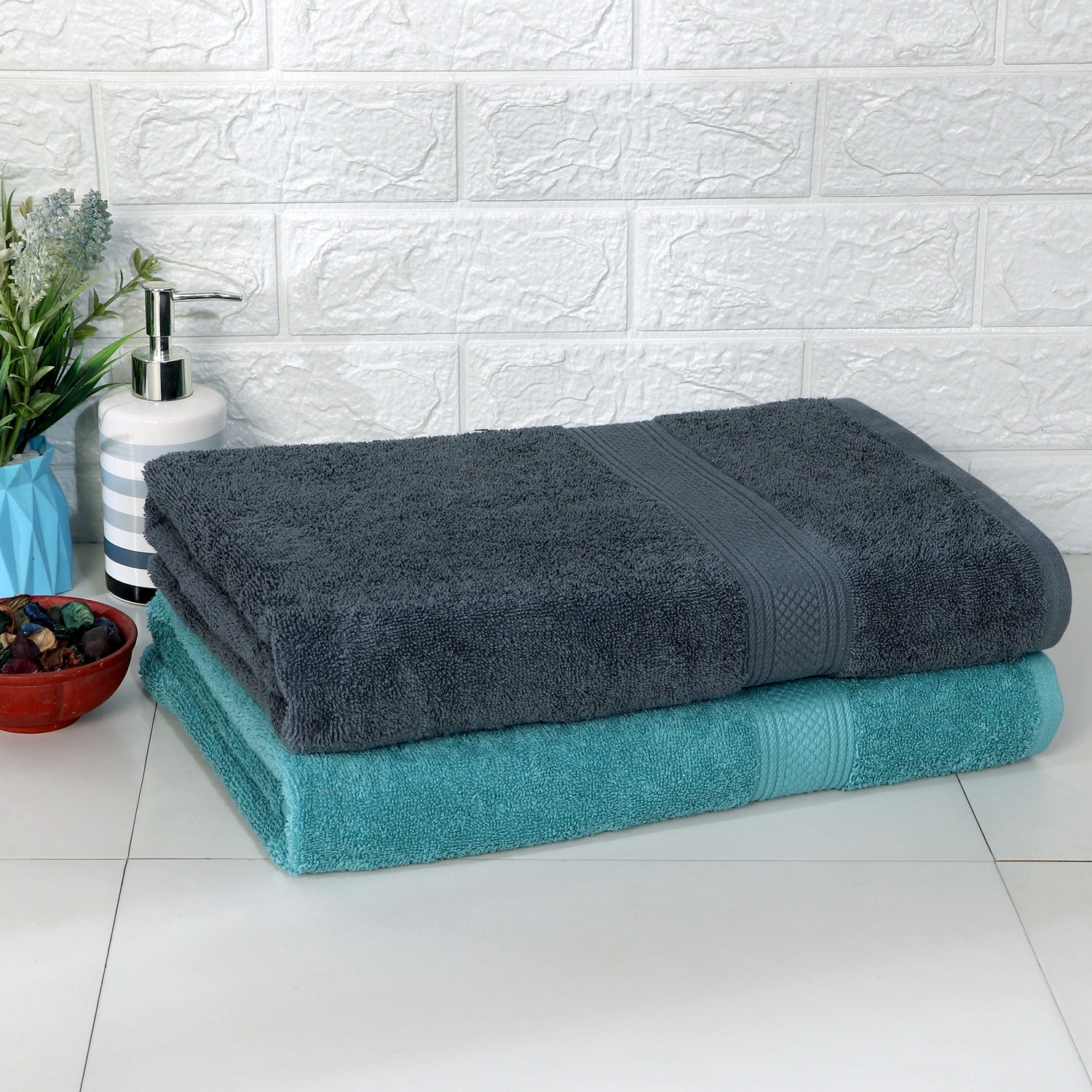 Rise N Shine 100% Cotton Towels | Large Size | Towel Set of 2 | Teal - Navy Blue