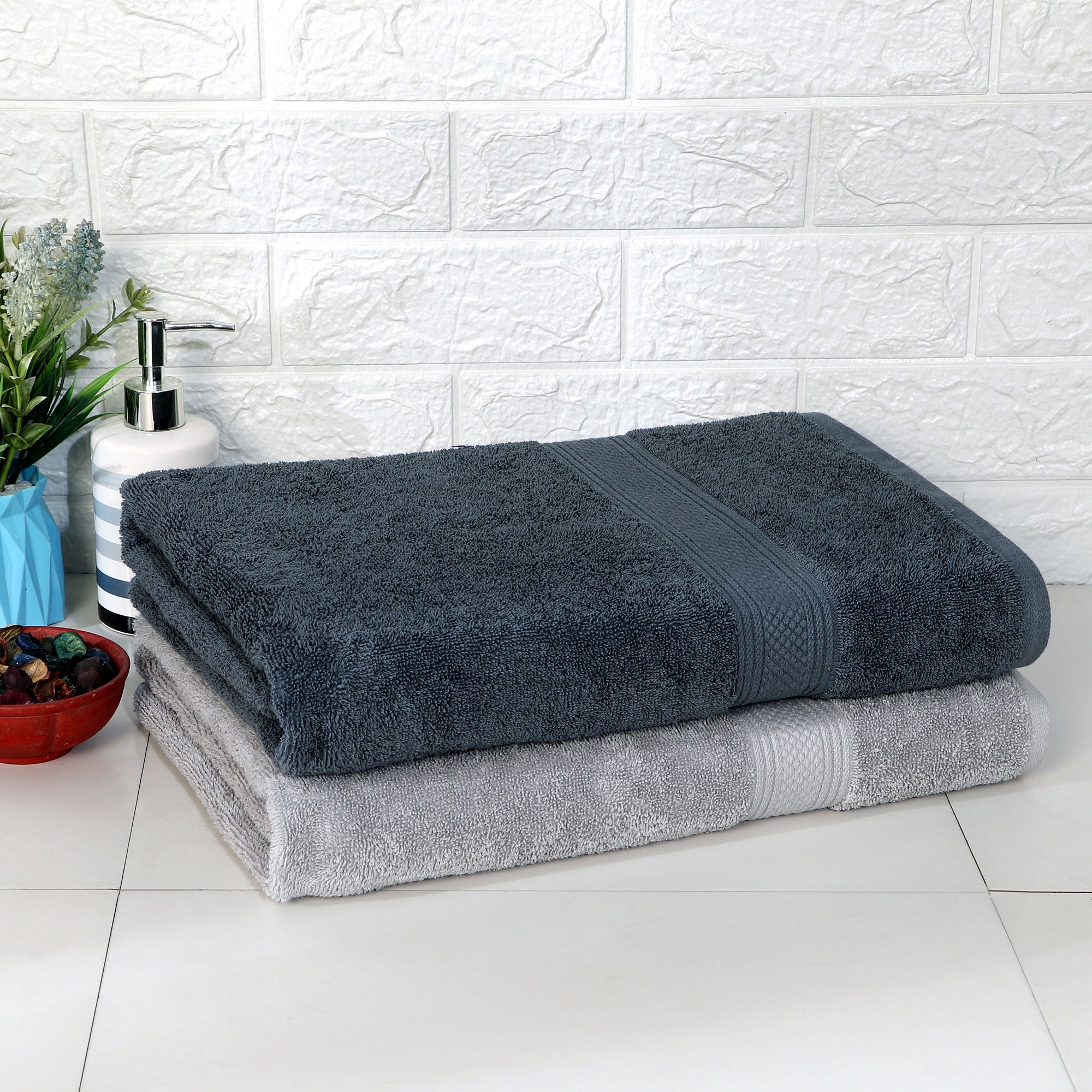 Rise N Shine 100% Cotton Towels | Large Size | Towel Set of 2 | Grey - Navy Blue