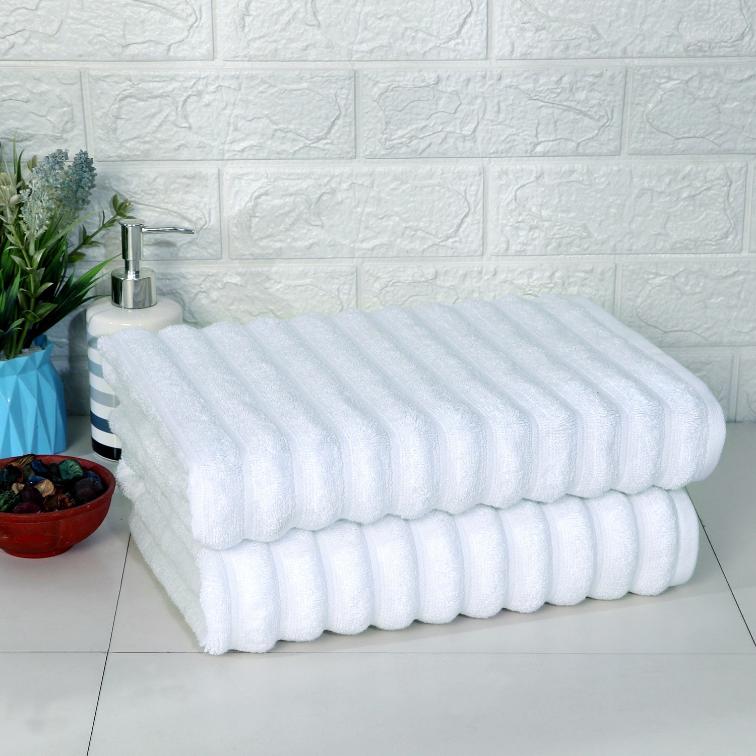 Natural Collection 100% Cotton Towels | Large Size | Towel Set of 2 White Stripe Towels