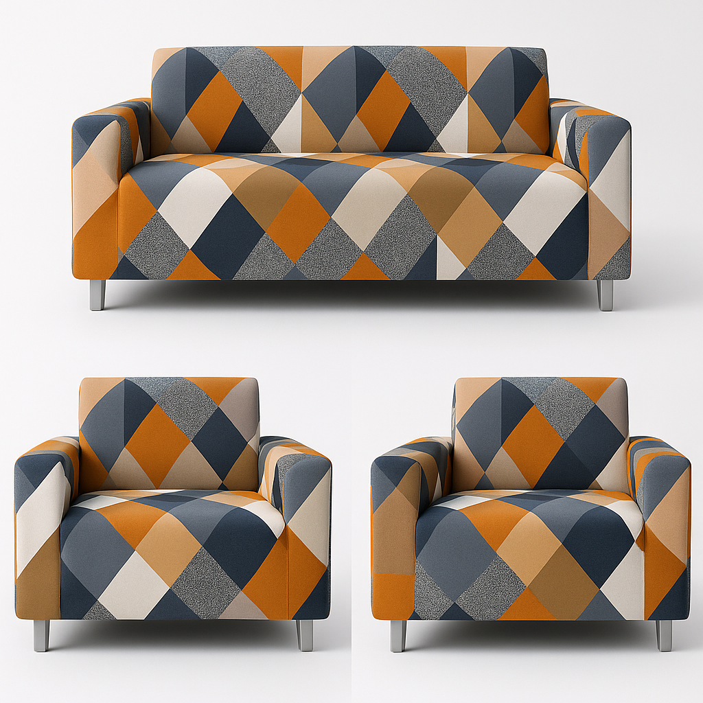 3+1+1 Seater Sofa Cover | 5 Seater Elastic Fitted Sofa Cover Set (Orange)