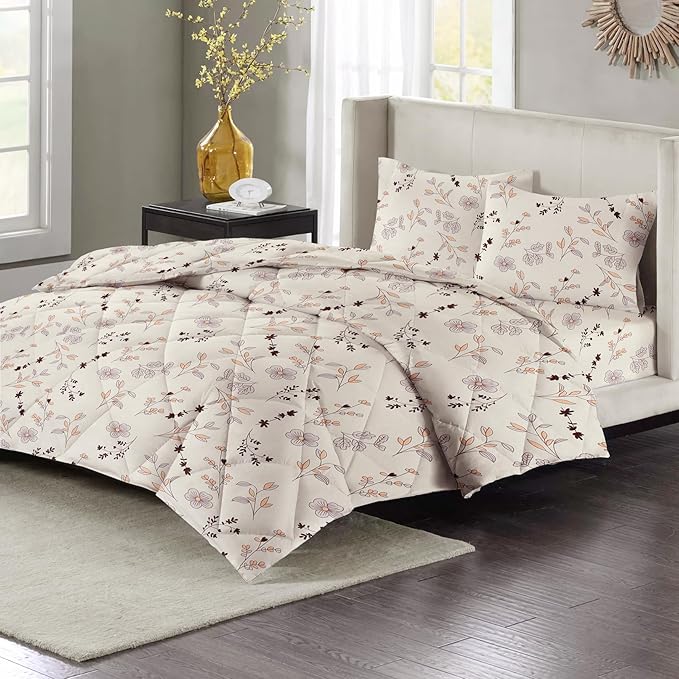 Microfiber Quilted Printed Comforter | Cream Floral