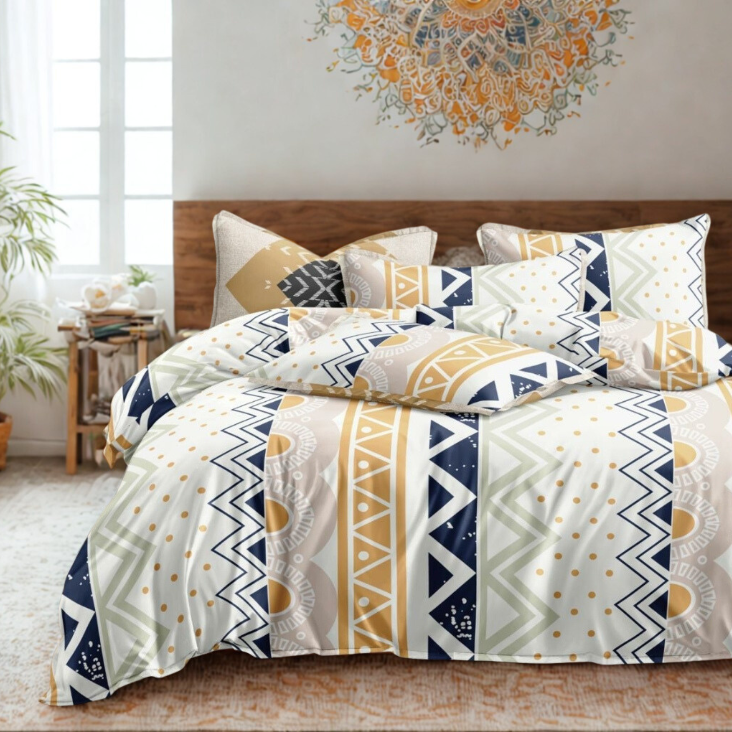 Rome Collection 240 TC Flat King Bedsheet with 2 Pillow Covers | Yellow Geo